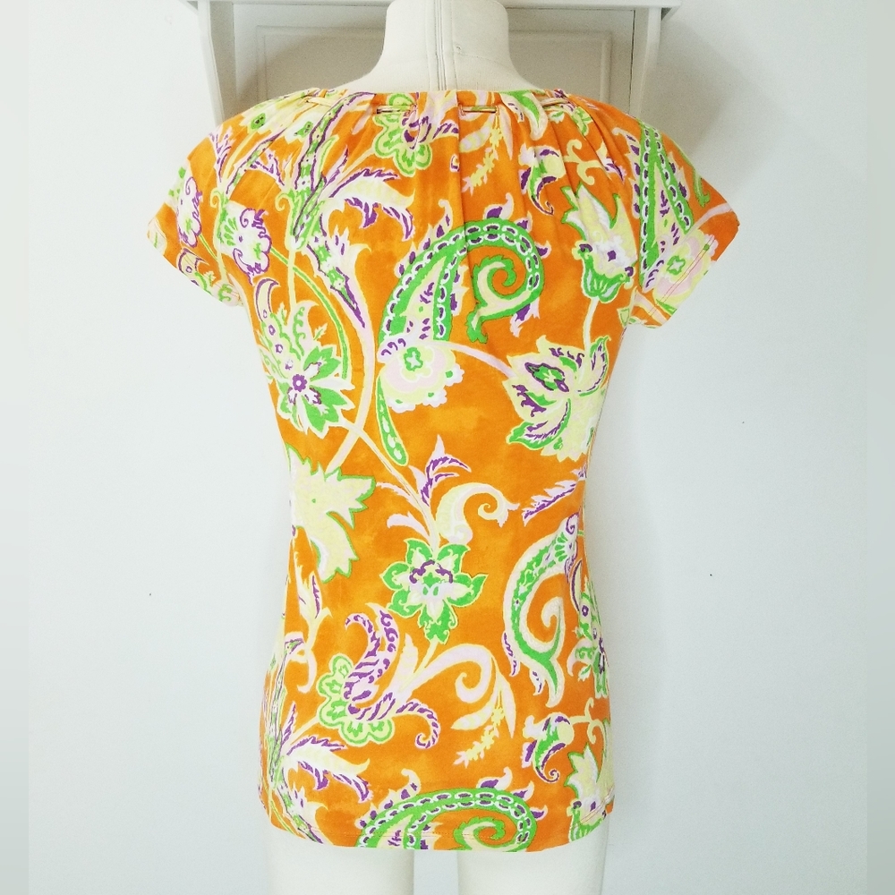 Lauren Ralph Lauren Cap Sleeve Cotton Top Orange Tropical Paisley Sz XS-S - Picture 2 of 14